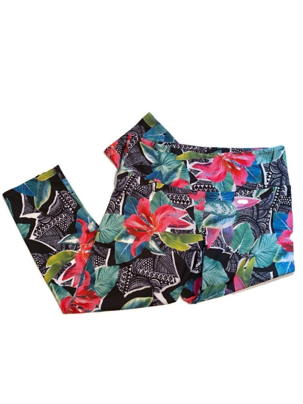 ONZIE PANTS LEGGINGS CROPPED ACTIVE BLACK WHITE PINK FLORAL SIZE M/L